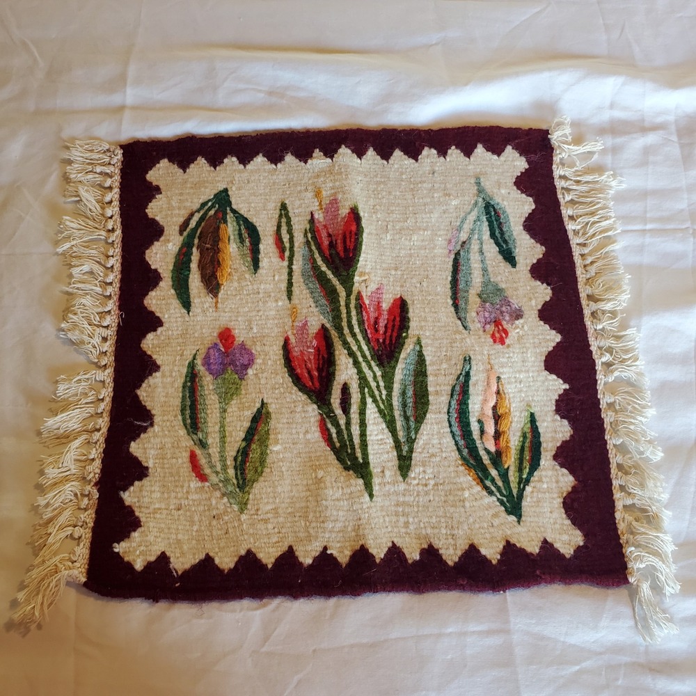 Vintage Handwoven Wool Floral Textile Wall Hanging Burgundy Cream 16x19